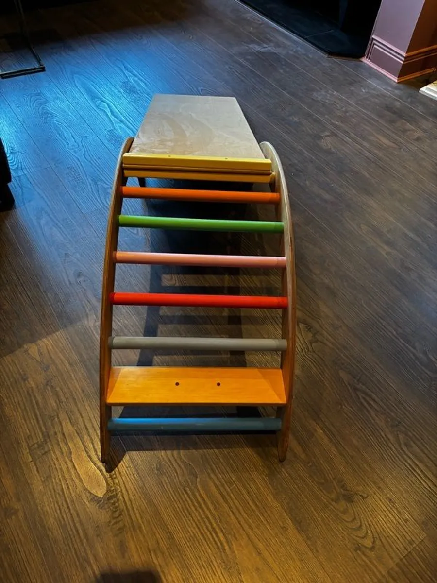 Beautiful handcrafted rainbow wooden climbing arch plus ladder/slide - Image 3