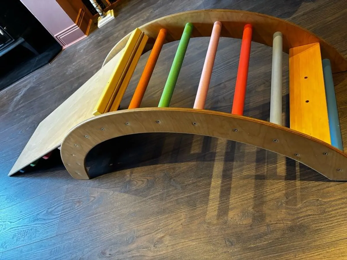 Beautiful handcrafted rainbow wooden climbing arch plus ladder/slide - Image 4