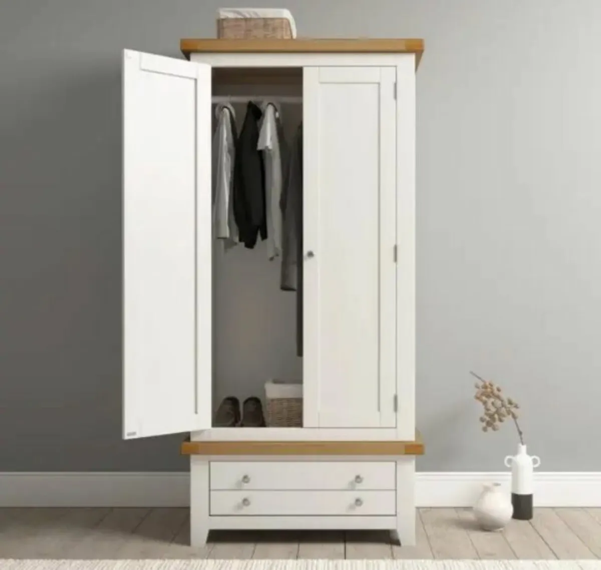 Windsor 2 Door 1 Drawer Wardrobe Ivory/Oak - Image 1