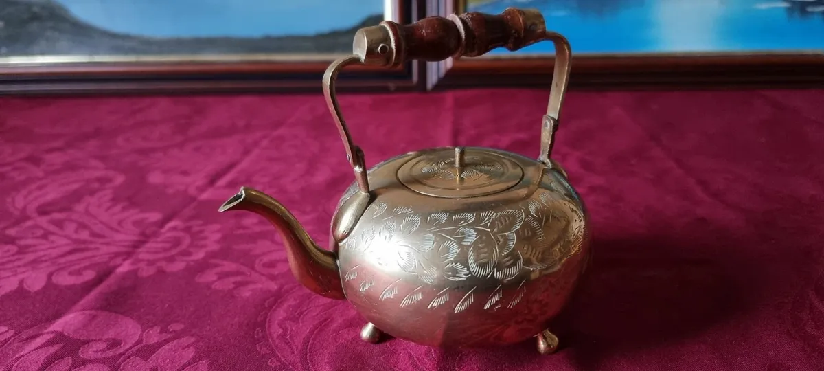 Solid Brass Art Deco Engraved Medium Lidded Teapot - Image 1