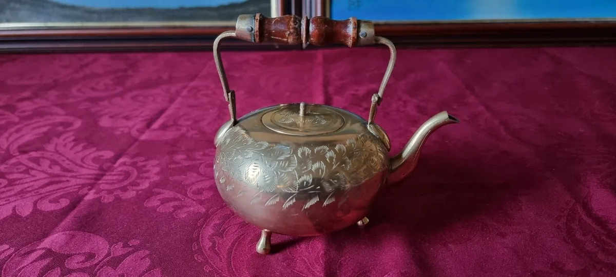 Solid Brass Art Deco Engraved Medium Lidded Teapot - Image 2