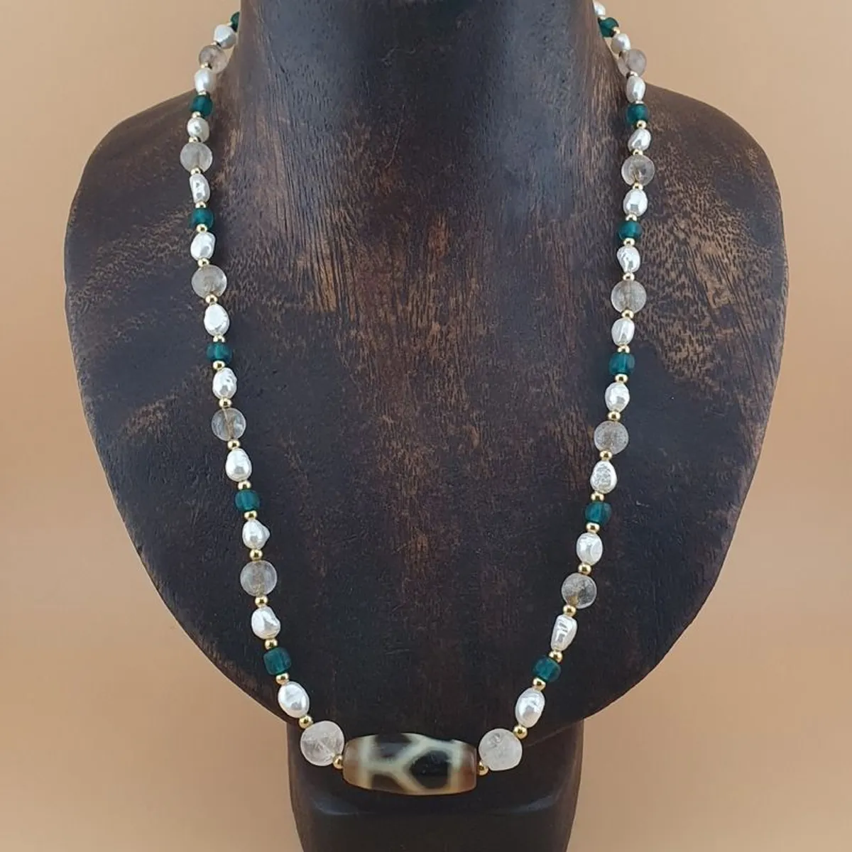 Vintage Himalayan Chain Link Tibetan Agate Dzi Beads With Pearls & Himalayan Quartz Necklace - Image 1