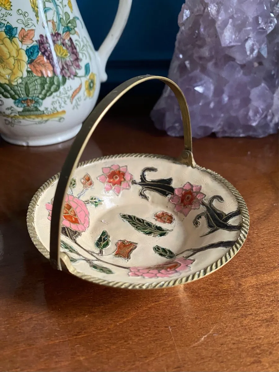 Vintage Indian Floral Cloisonné Brass Trinket Dish - Image 1