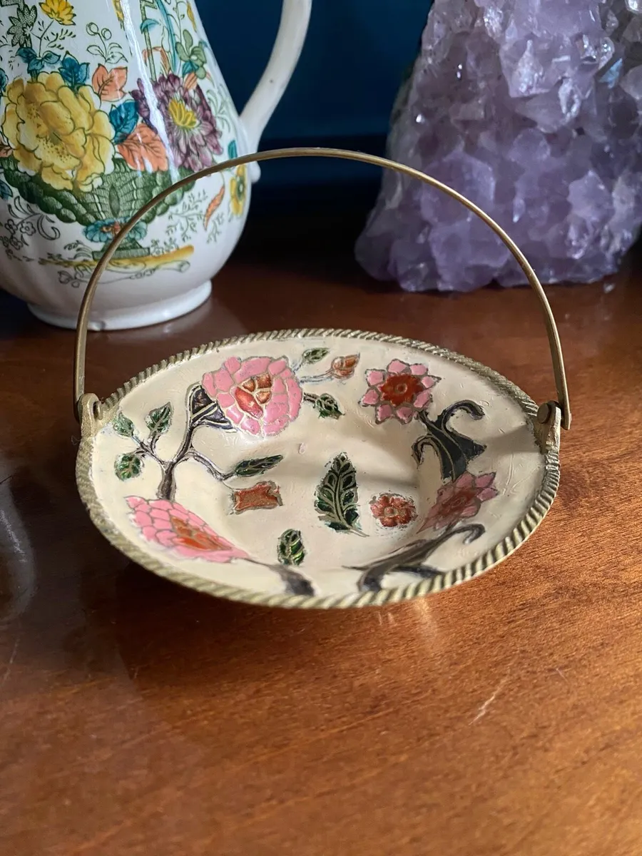 Vintage Indian Floral Cloisonné Brass Trinket Dish - Image 2
