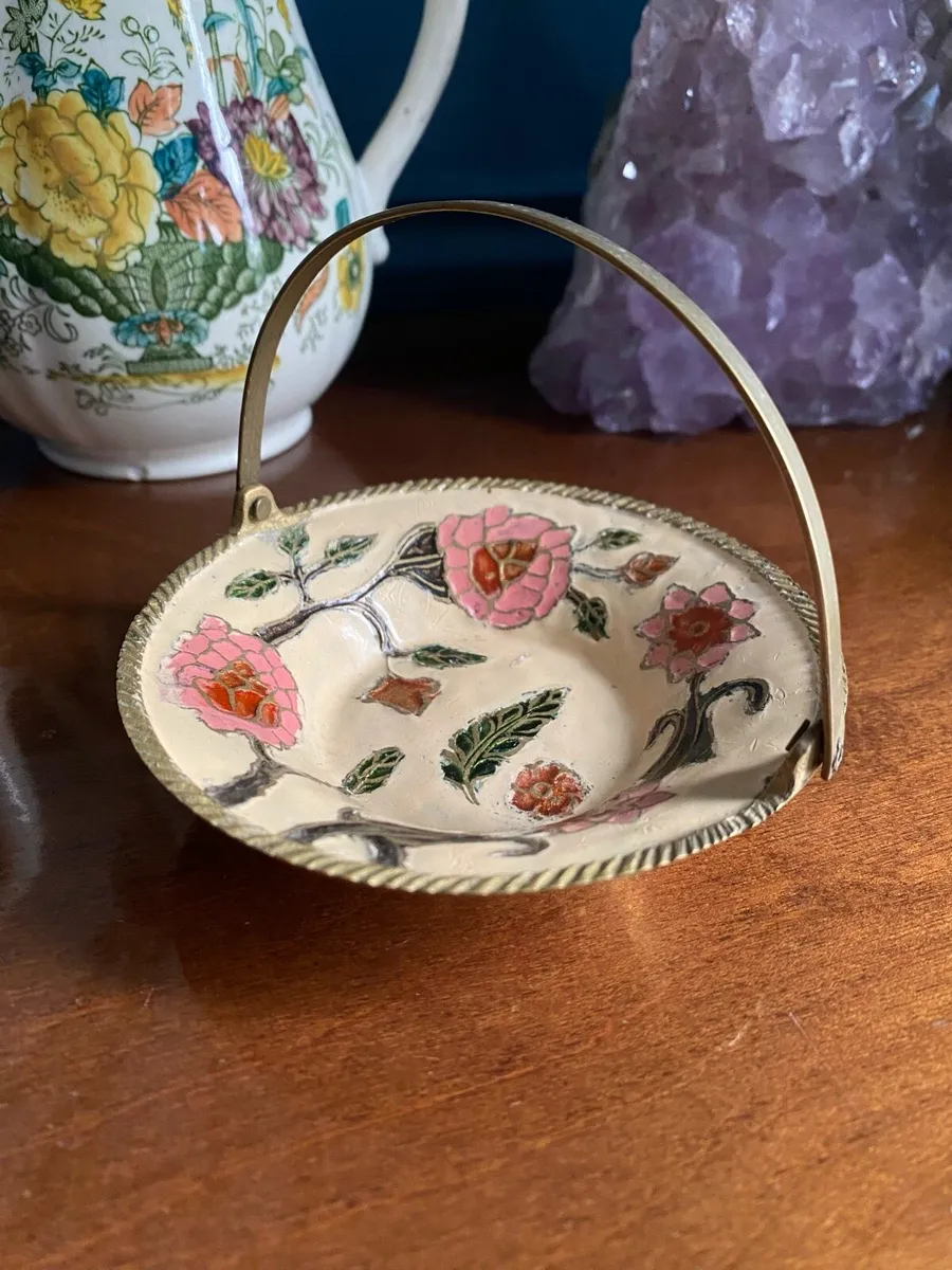 Vintage Indian Floral Cloisonné Brass Trinket Dish - Image 3