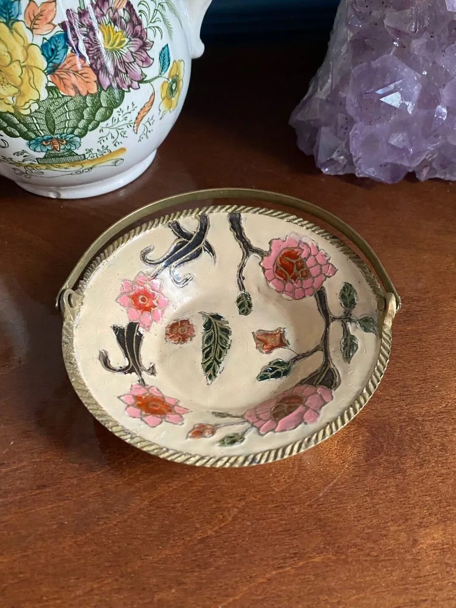 Vintage Indian Floral Cloisonné Brass Trinket Dish - Image 4