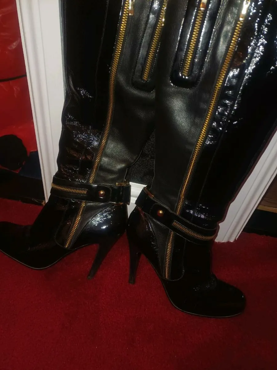 Black patent knee high boots leather - Image 1