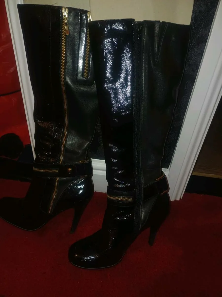Black patent knee high boots leather - Image 4