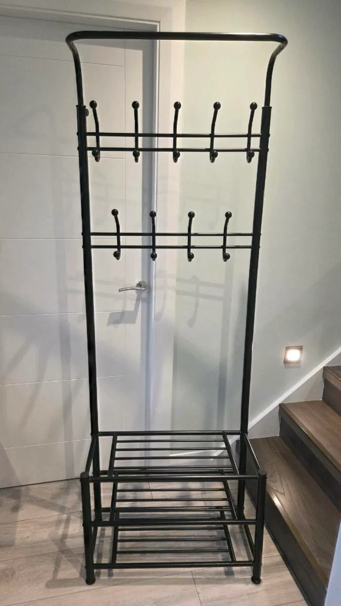 Black Metal Coat Stand Clothes Plus Shoes Rack - Image 1