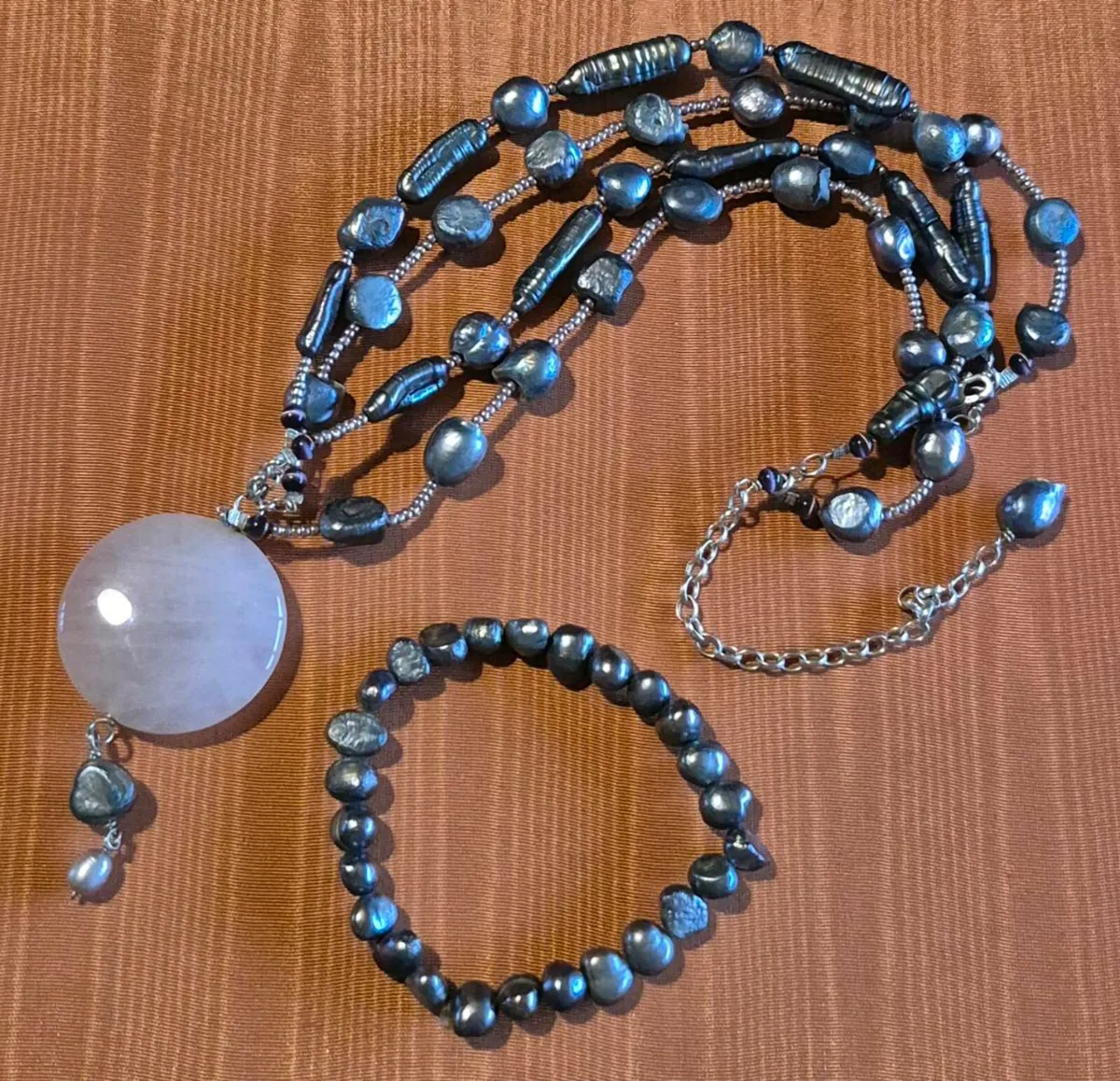 Silver, Peacock Pearl & Rose Quartz Necklace - Image 1