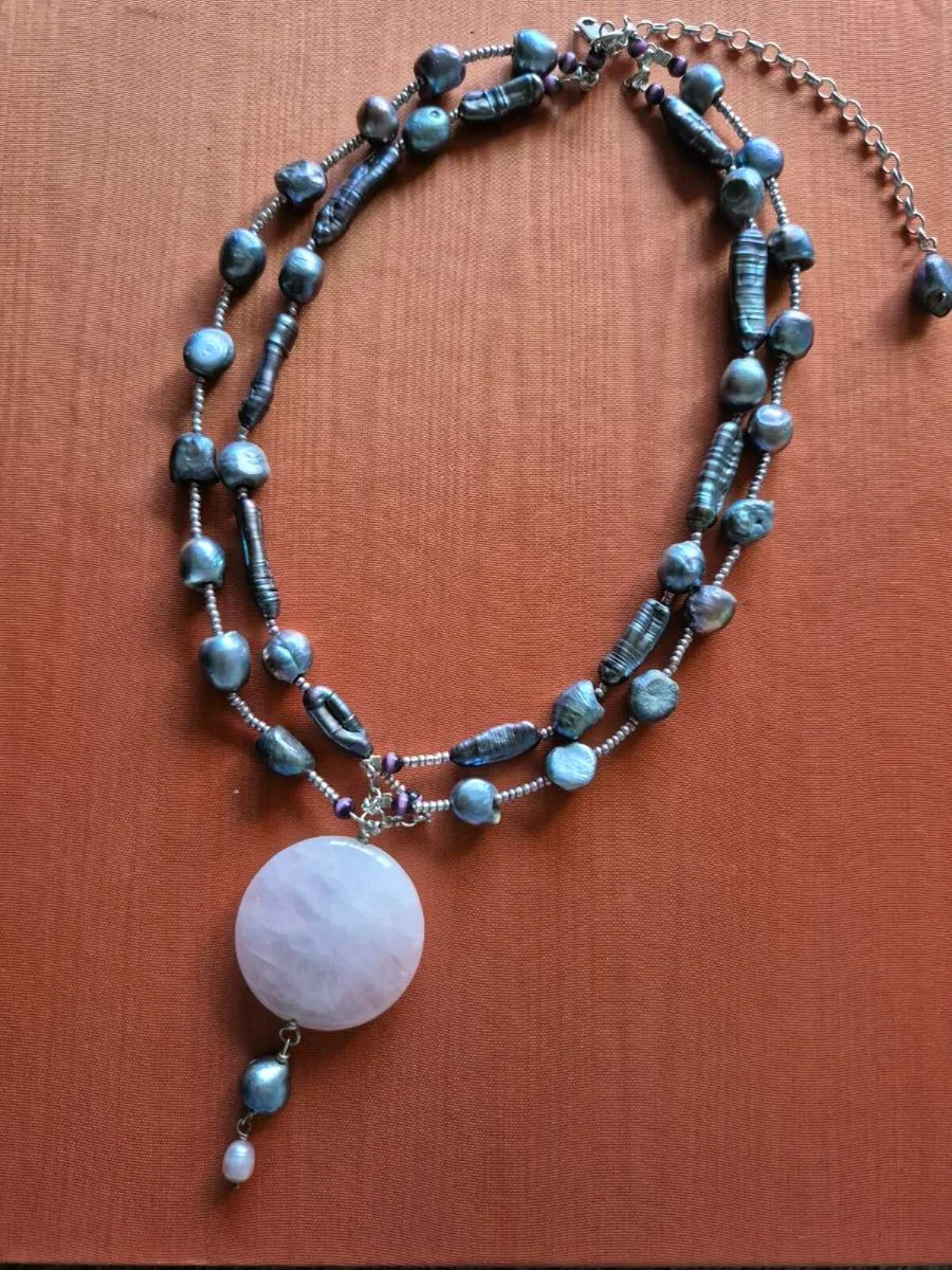 Silver, Peacock Pearl & Rose Quartz Necklace - Image 2