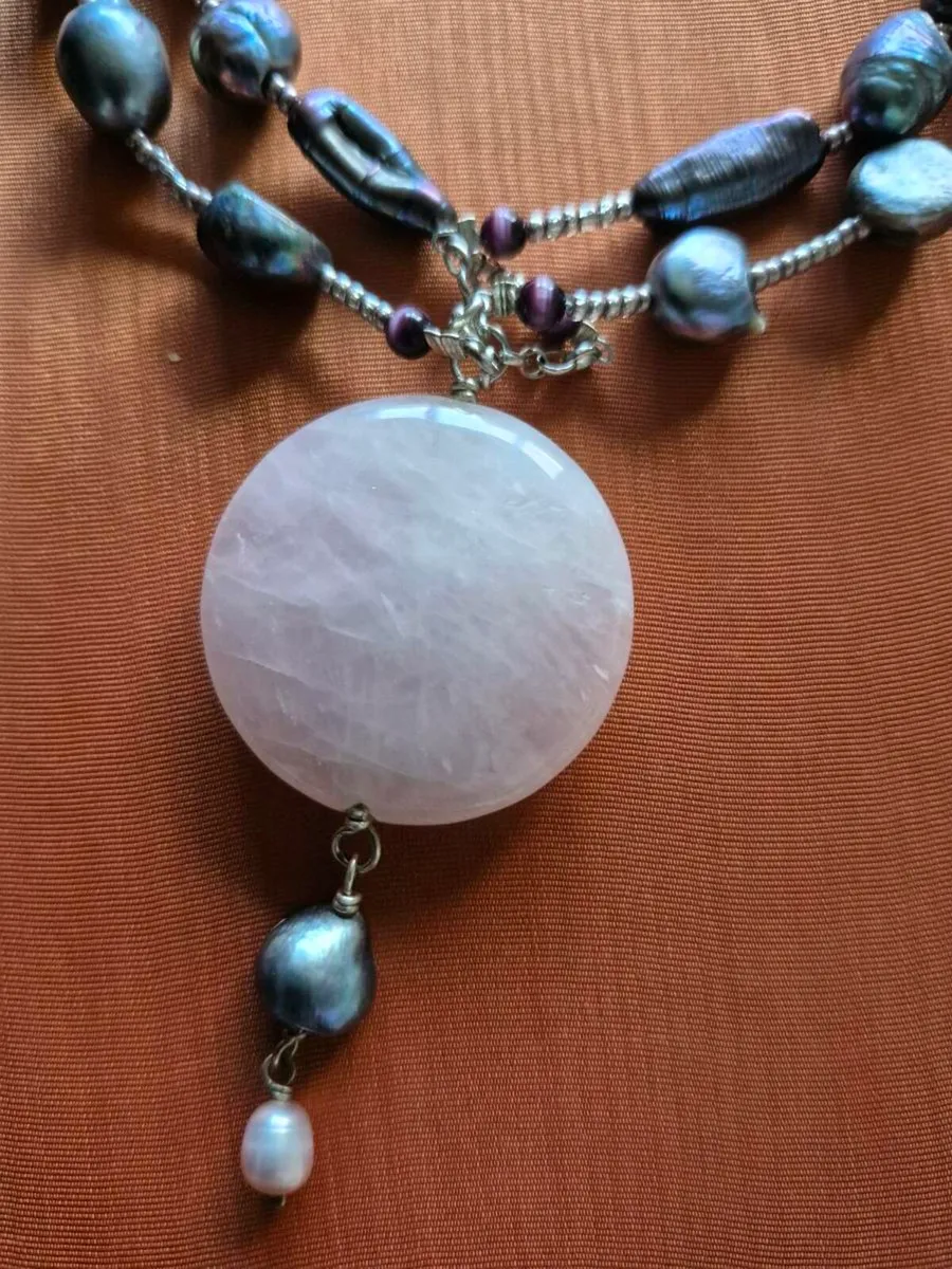 Silver, Peacock Pearl & Rose Quartz Necklace - Image 3