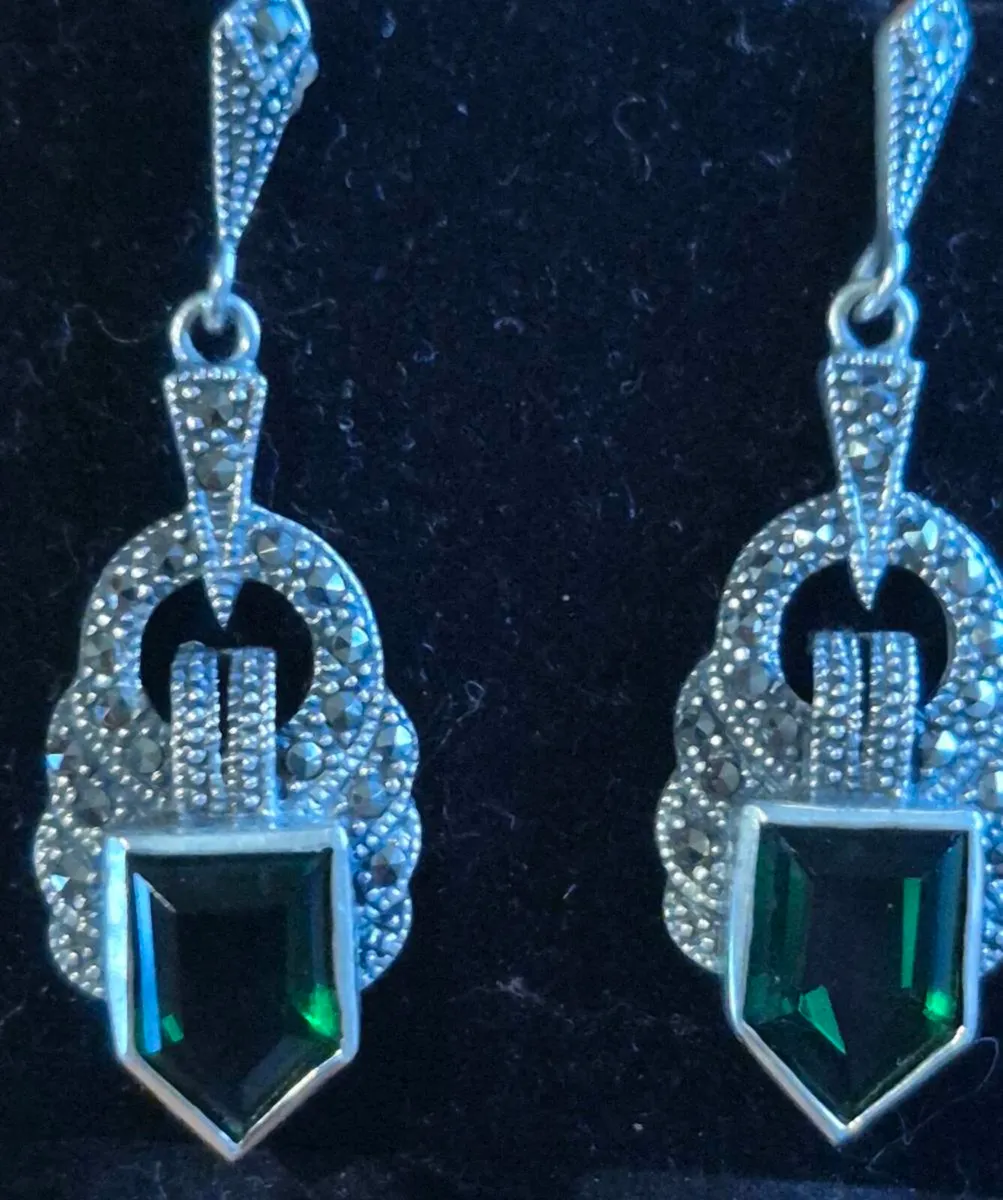 Silver Marcasite & Green Crystal Earrings - Image 1