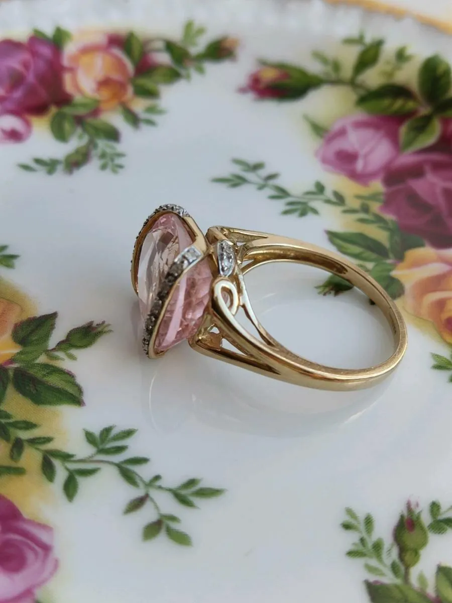 Vintage 9ct yellow Gold Rose Quartz & Diamond Ring - Image 4