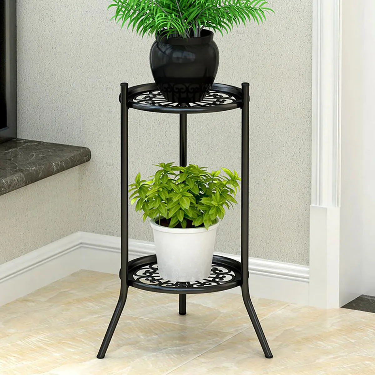 Vintage 2 Tier Metal Plant Display Stand - Black - Image 1