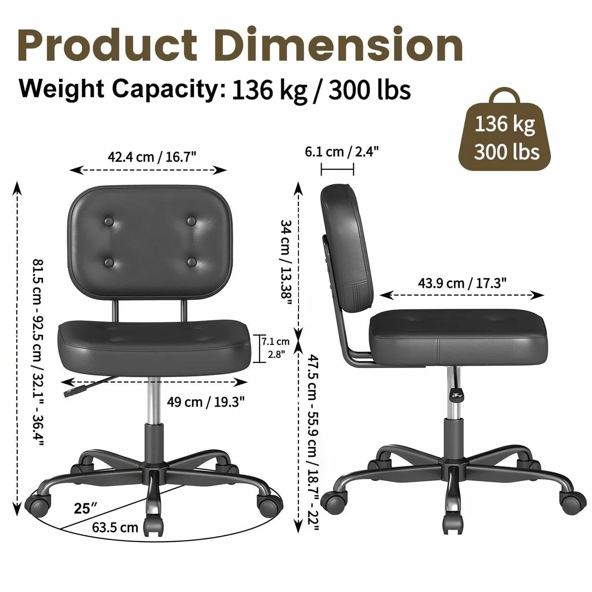 Armless Desk Chair for Home Office Compact Swivel - Image 2