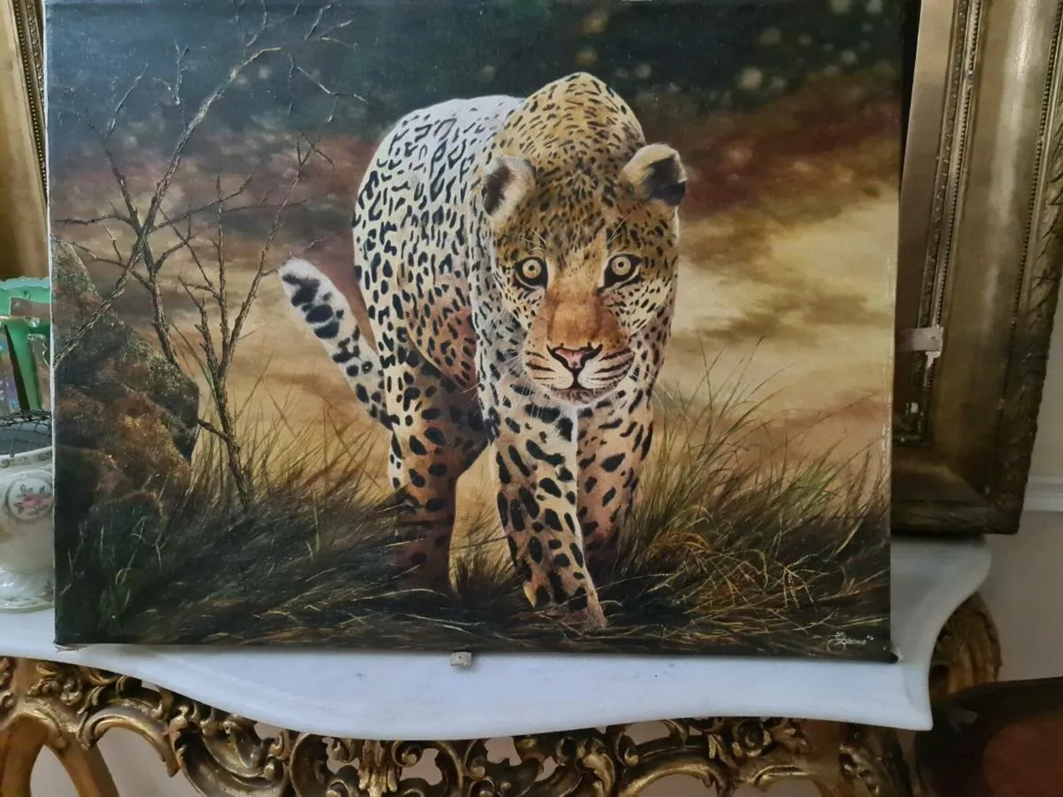 Large Vintage jaguar oil on canvas POSTAGE AVAILAB - Image 1