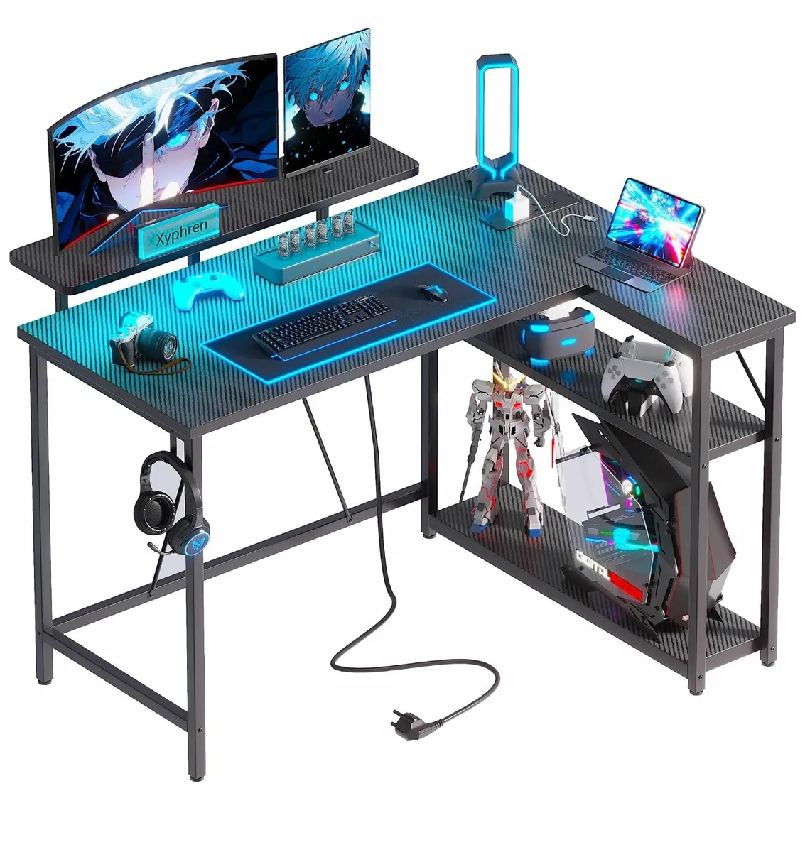 L Shaped Gaming Desk with RGB LED Lights Power - Image 1
