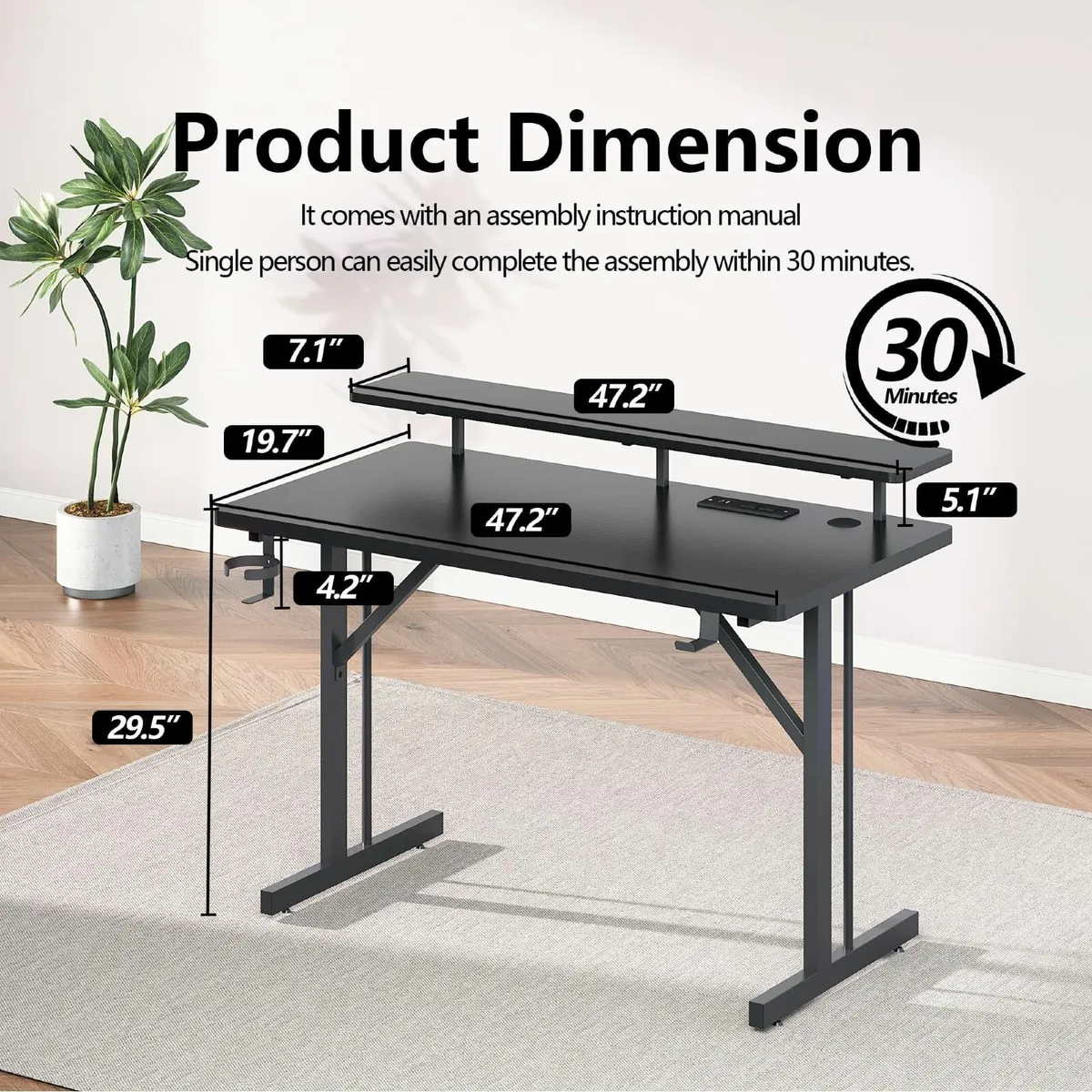 120 cm Gaming Desk with LED Lights Power Outlets - Image 3