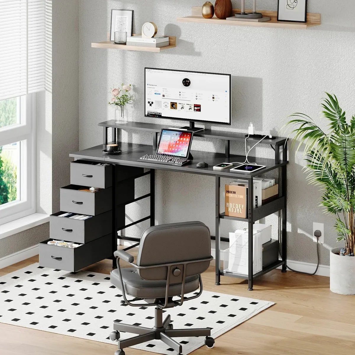 120CM Computer Desk with 4 Fabric Drawers Gaming - Image 2