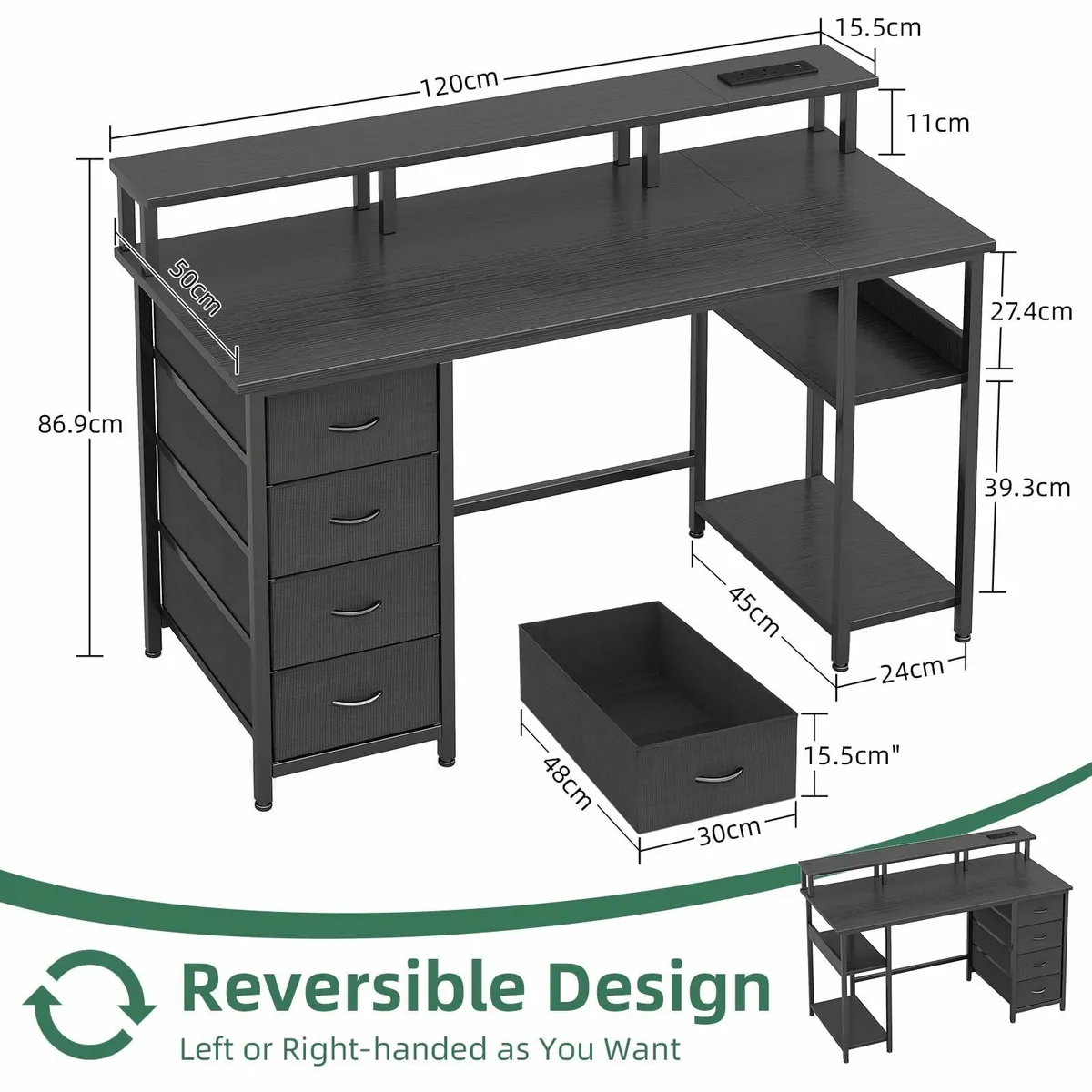 120CM Computer Desk with 4 Fabric Drawers Gaming - Image 3