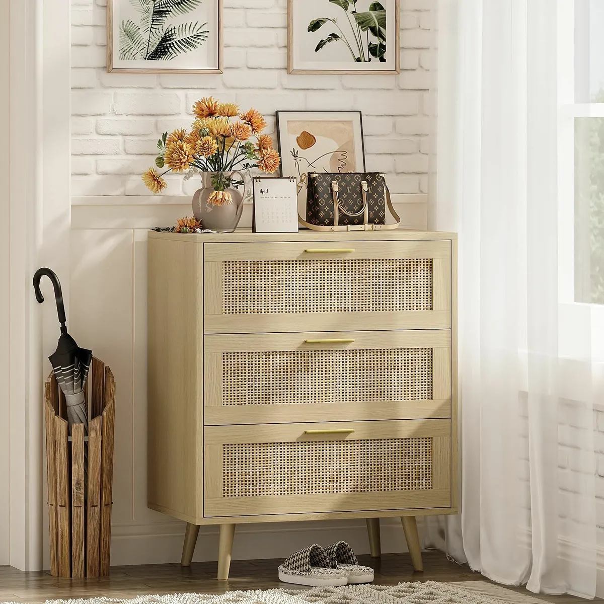 3 Drawer Rattan Dresser for Bedroom Boho Beside - Image 1