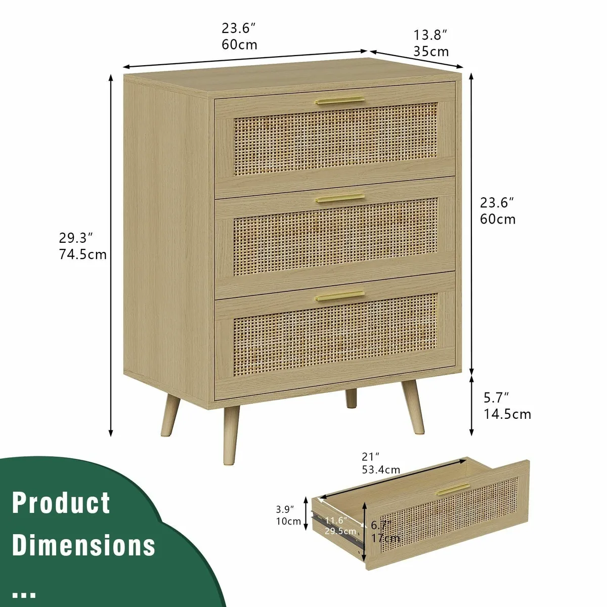 3 Drawer Rattan Dresser for Bedroom Boho Beside - Image 2