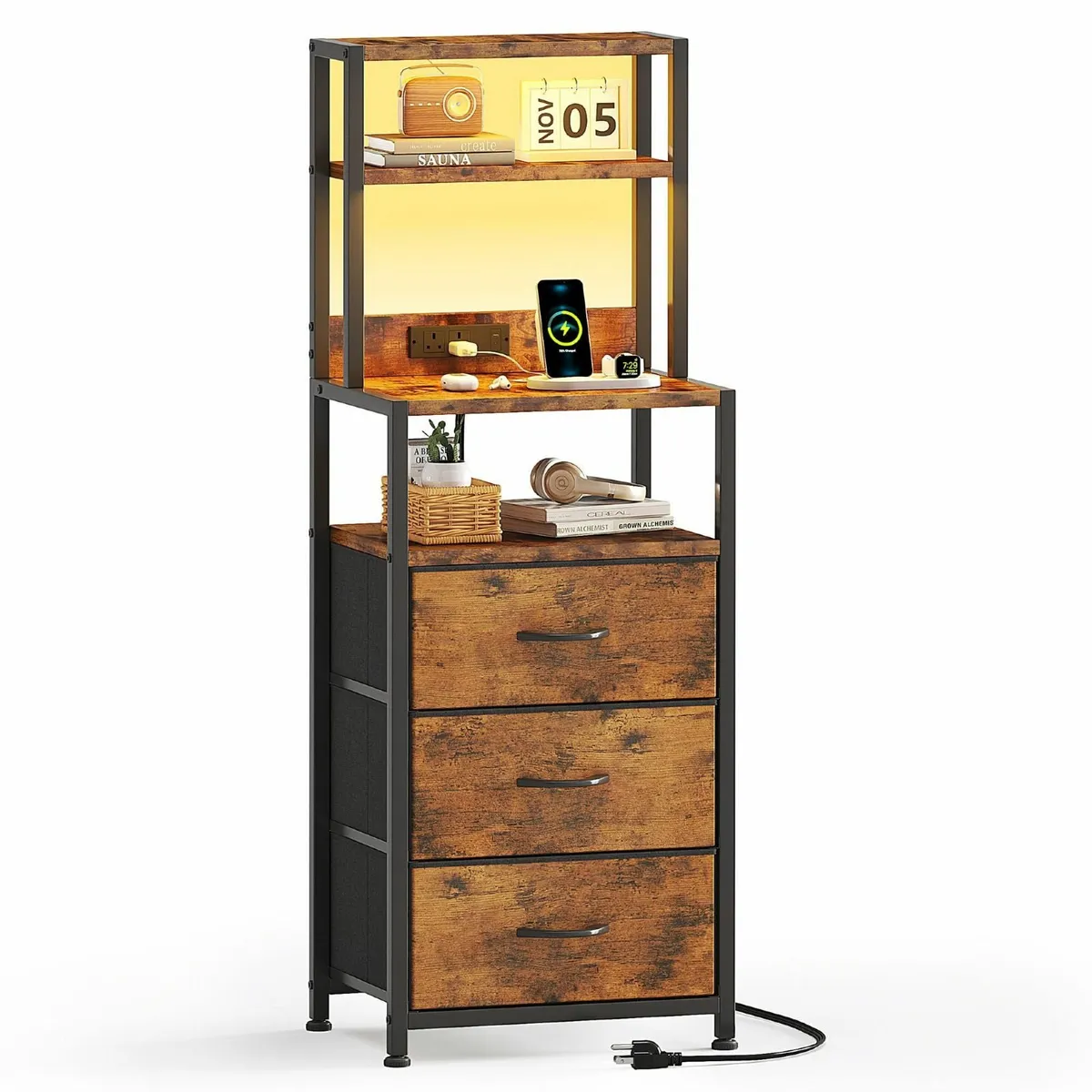 Bedside Table with 3 Drawers and Charging Station - Image 1