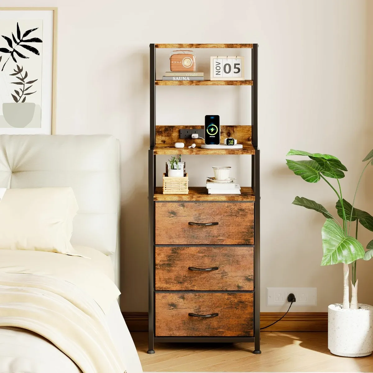 Bedside Table with 3 Drawers and Charging Station - Image 2