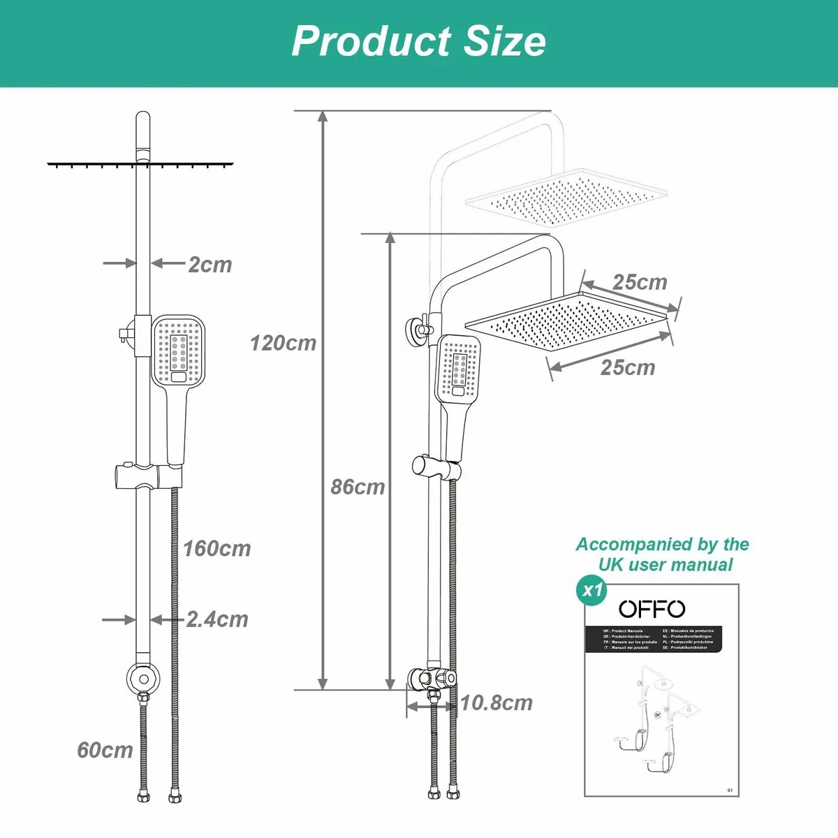 Shower Riser Rail Kit with 10(25cm) Square - Image 2