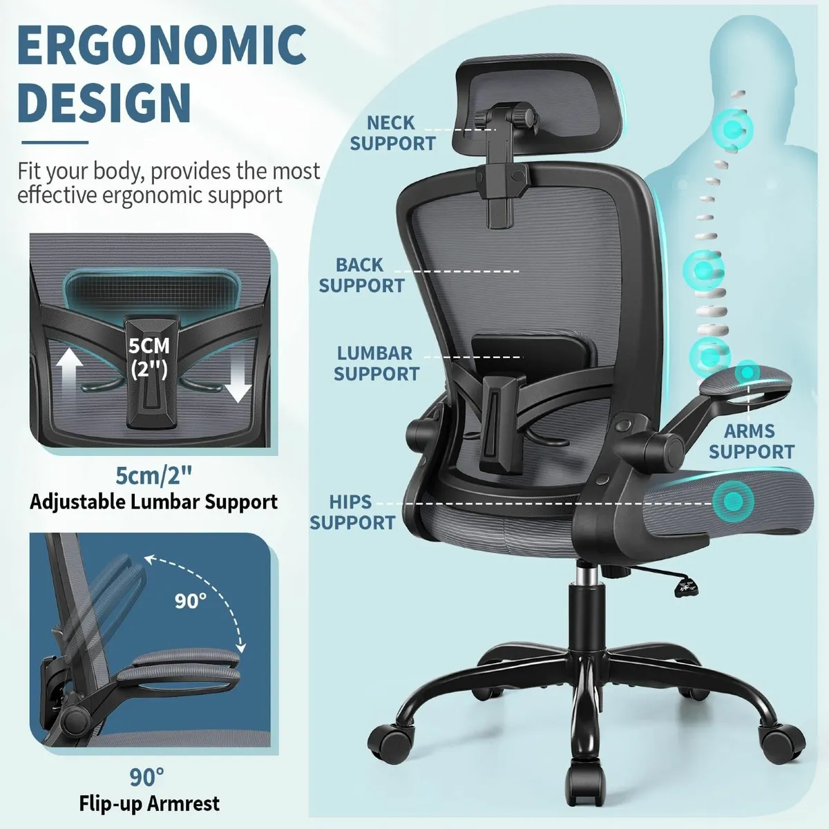 Ergonomic Office Chair Headrest Desk with - Image 3