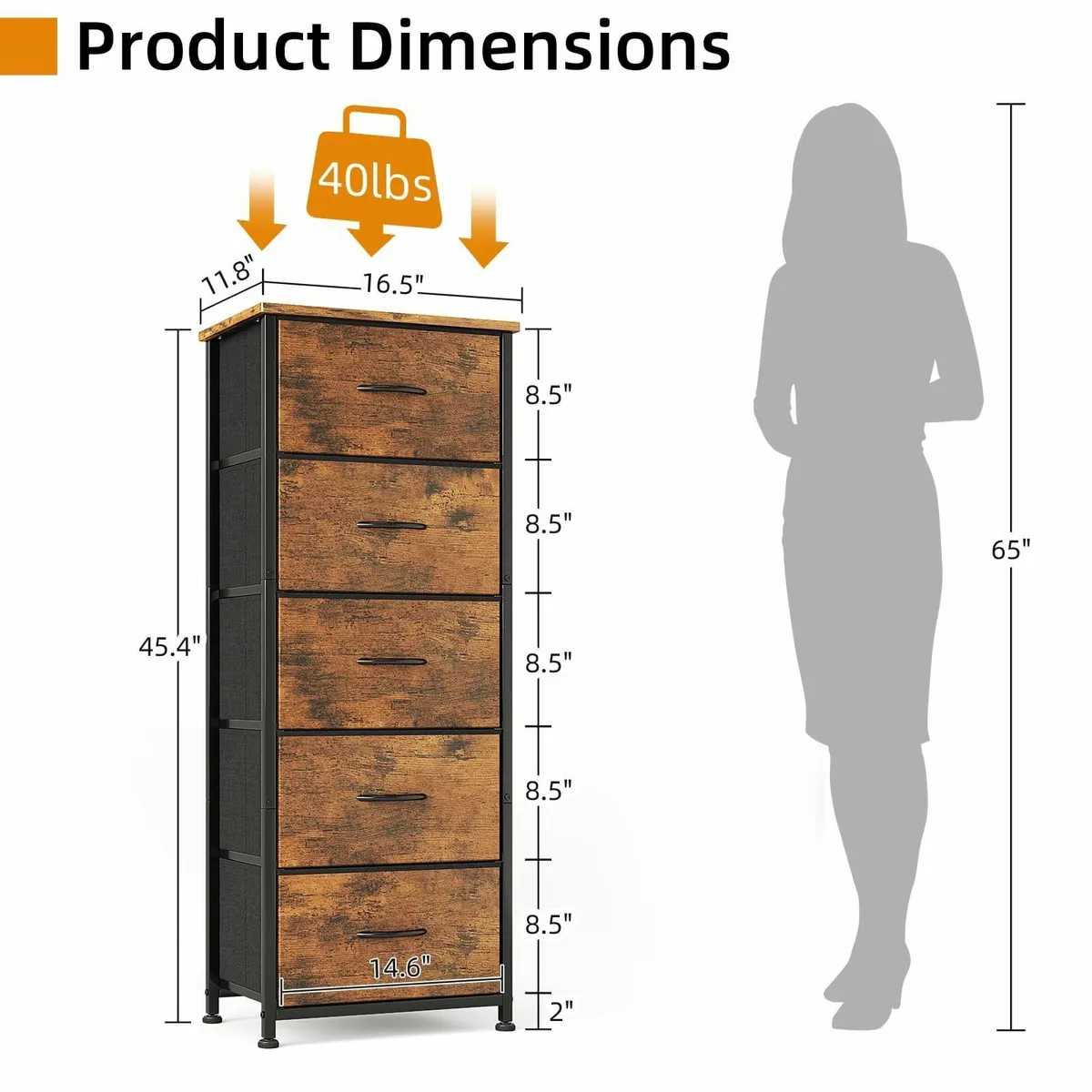 Chest of Drawers 5 Drawer Tall Dresser Fabric for - Image 3