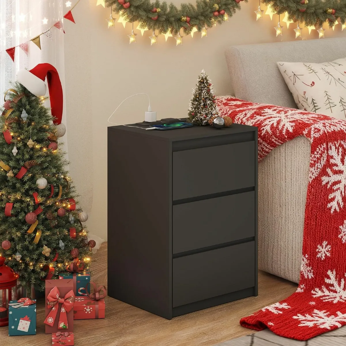 Bedside Table Nightstand with 3 Drawers and Power - Image 1