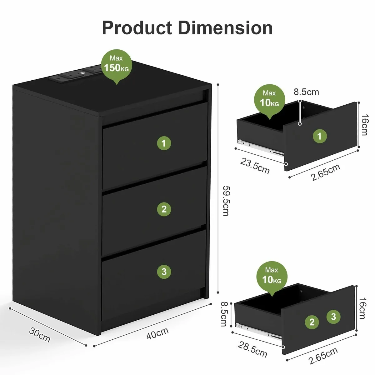 Bedside Table Nightstand with 3 Drawers and Power - Image 2
