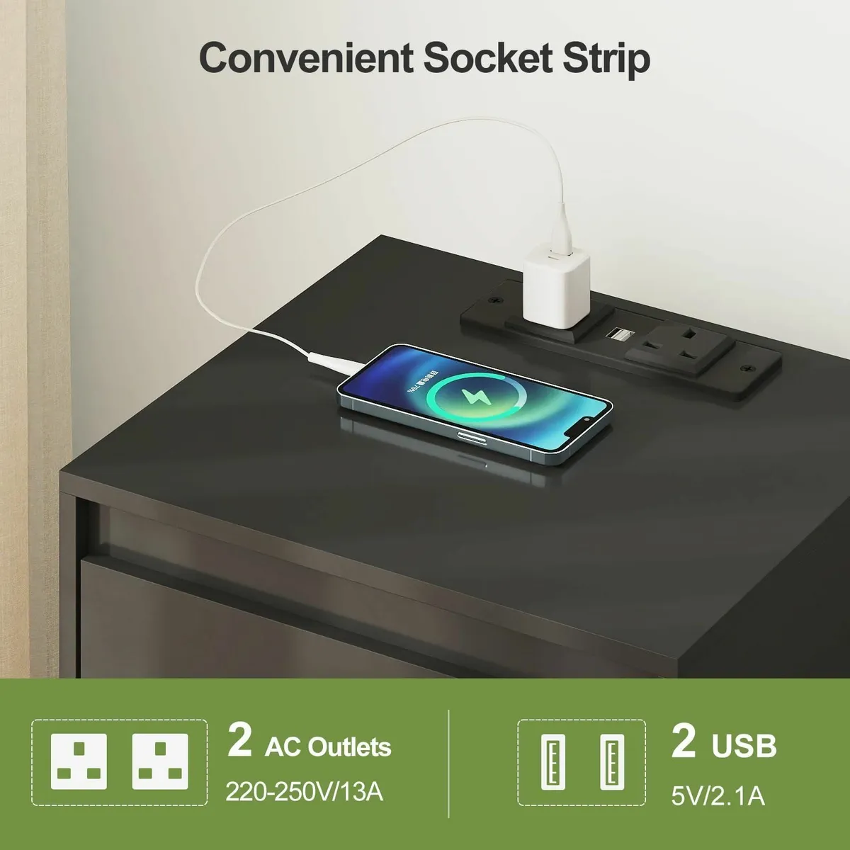 Bedside Table Nightstand with 3 Drawers and Power - Image 4