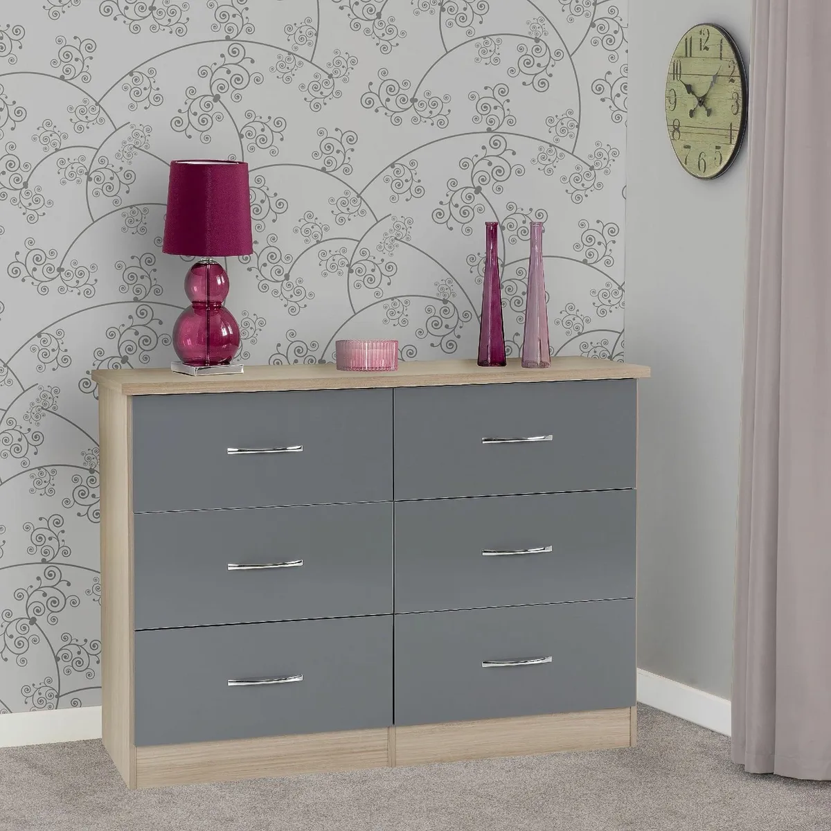 Nevada 6 Drawer Chest in Grey Gloss/Light Oak - Image 2