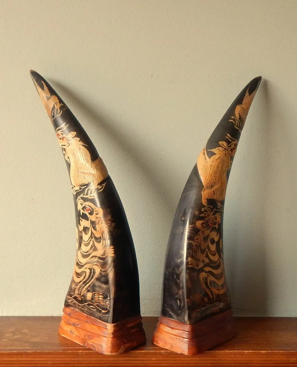 Pair of Horns on Wood Base with Chinese Decoration - Image 2