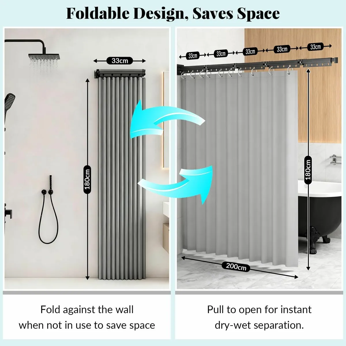 Wall Mounted Foldable Shower Curtain Rod Set 1.8m - Image 2