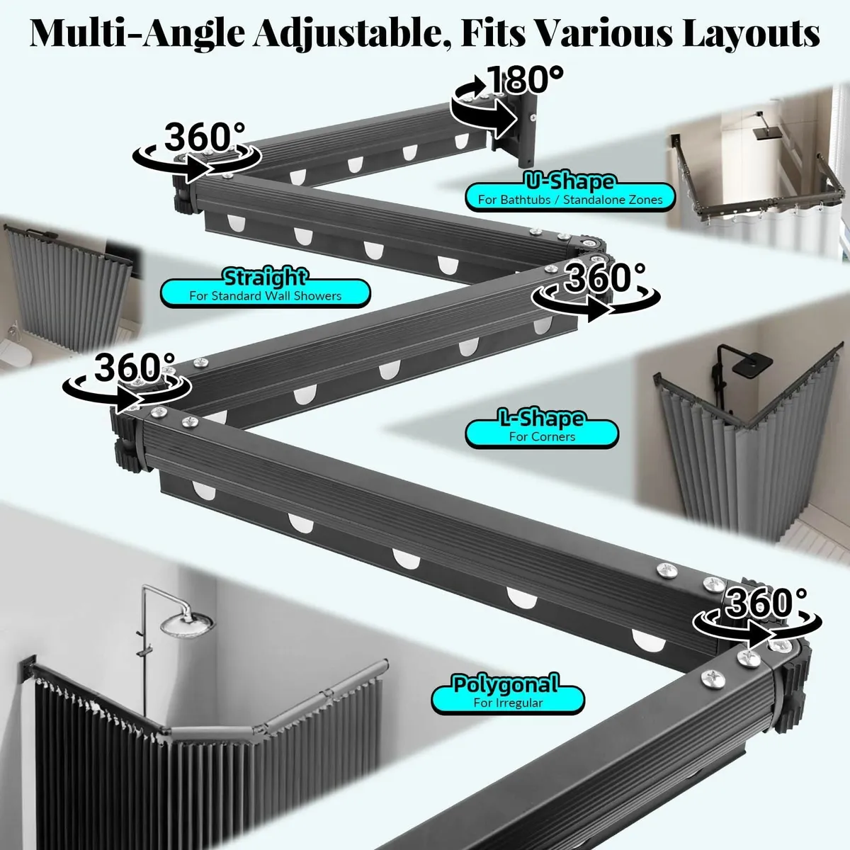 Wall Mounted Foldable Shower Curtain Rod Set 1.8m - Image 3