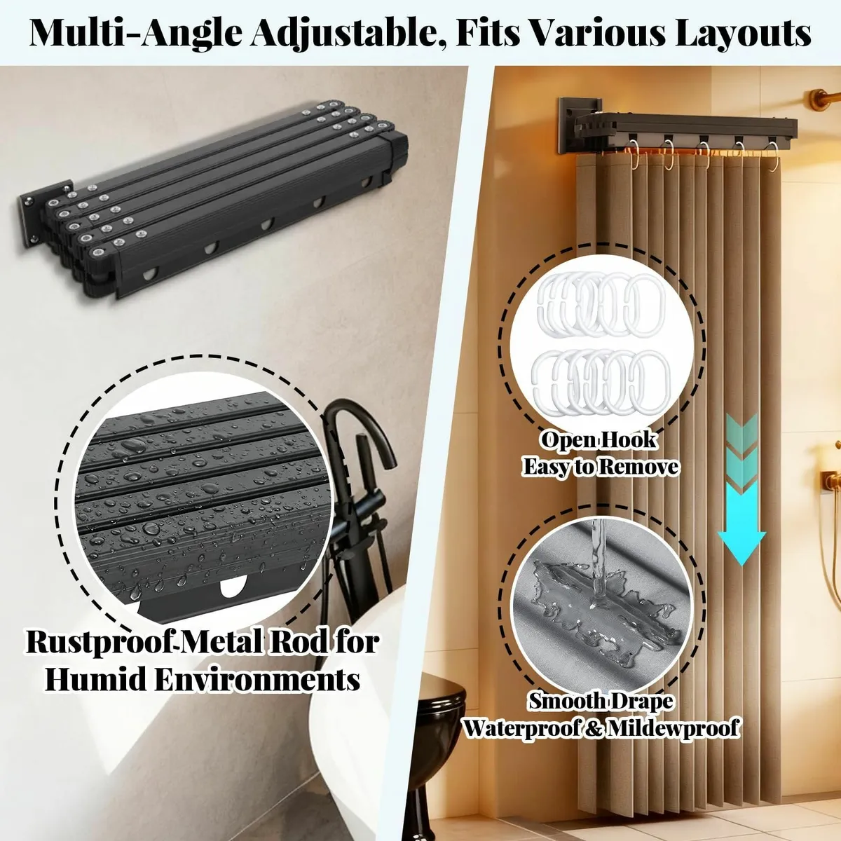 Wall Mounted Foldable Shower Curtain Rod Set 1.8m - Image 4