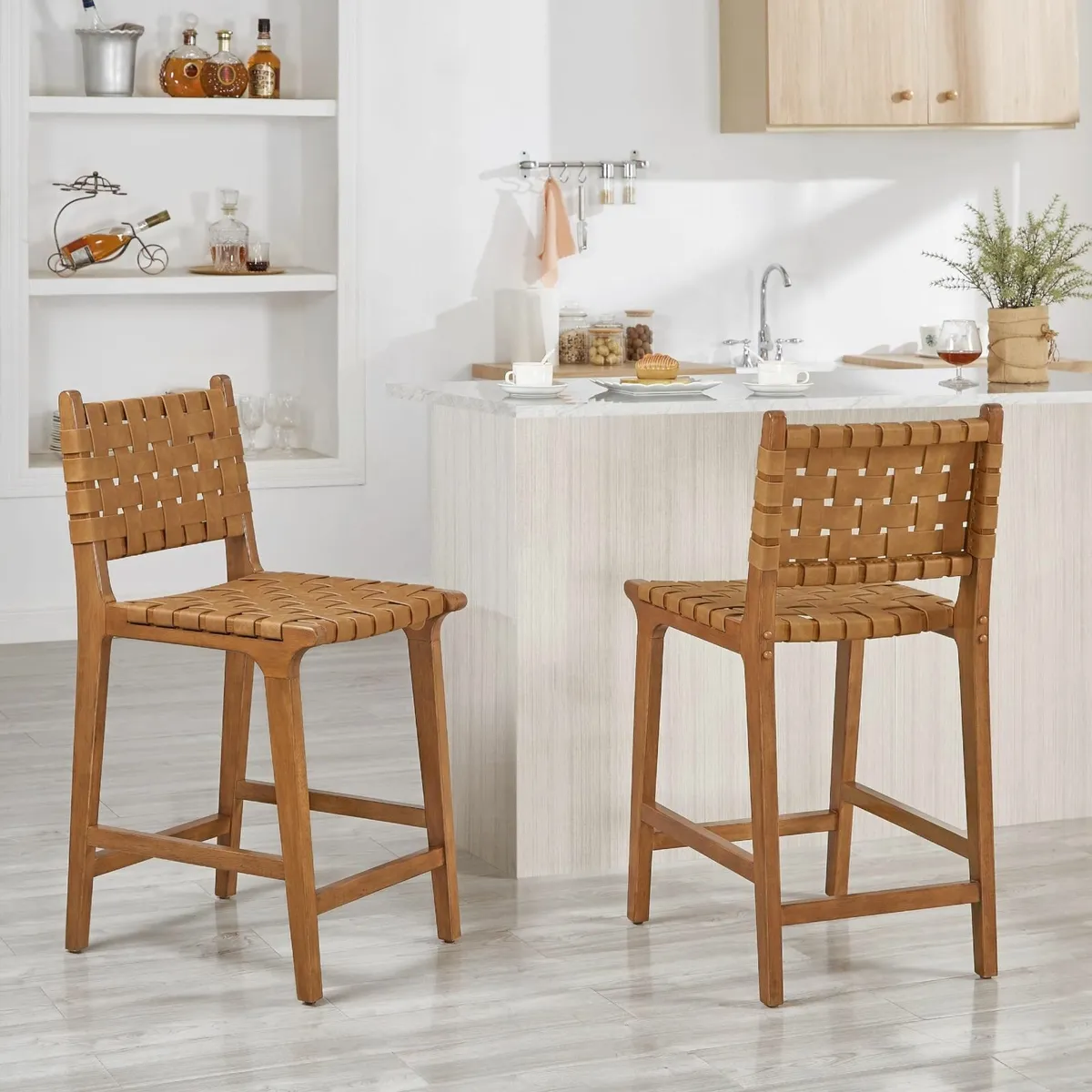 PU Leather Woven Counter Stool Wood Frame Kitchen - Image 2
