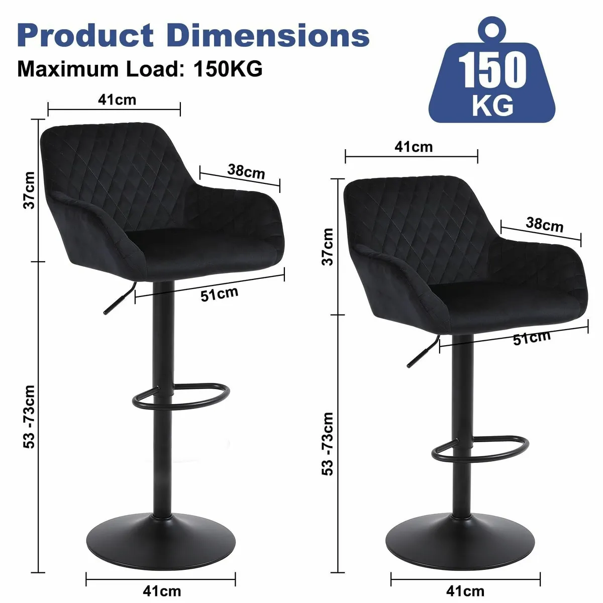 Bar Stools Set of 2 Height Adjustable Velvet - Image 3