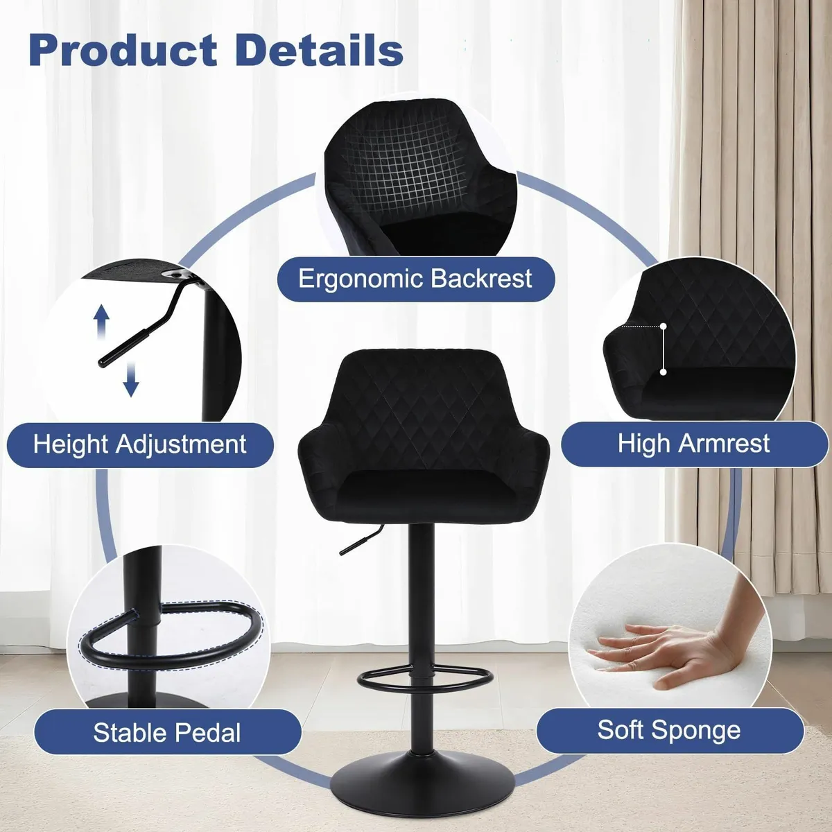 Bar Stools Set of 2 Height Adjustable Velvet - Image 4