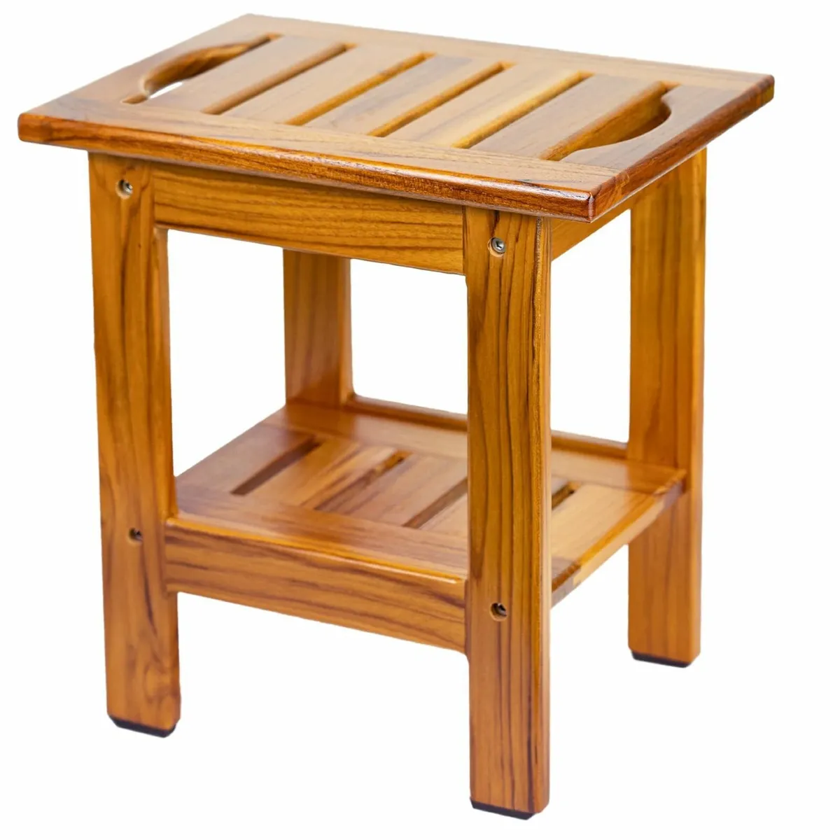 Teak Shower Bench Compact Stool with Shelf Handle - Image 1