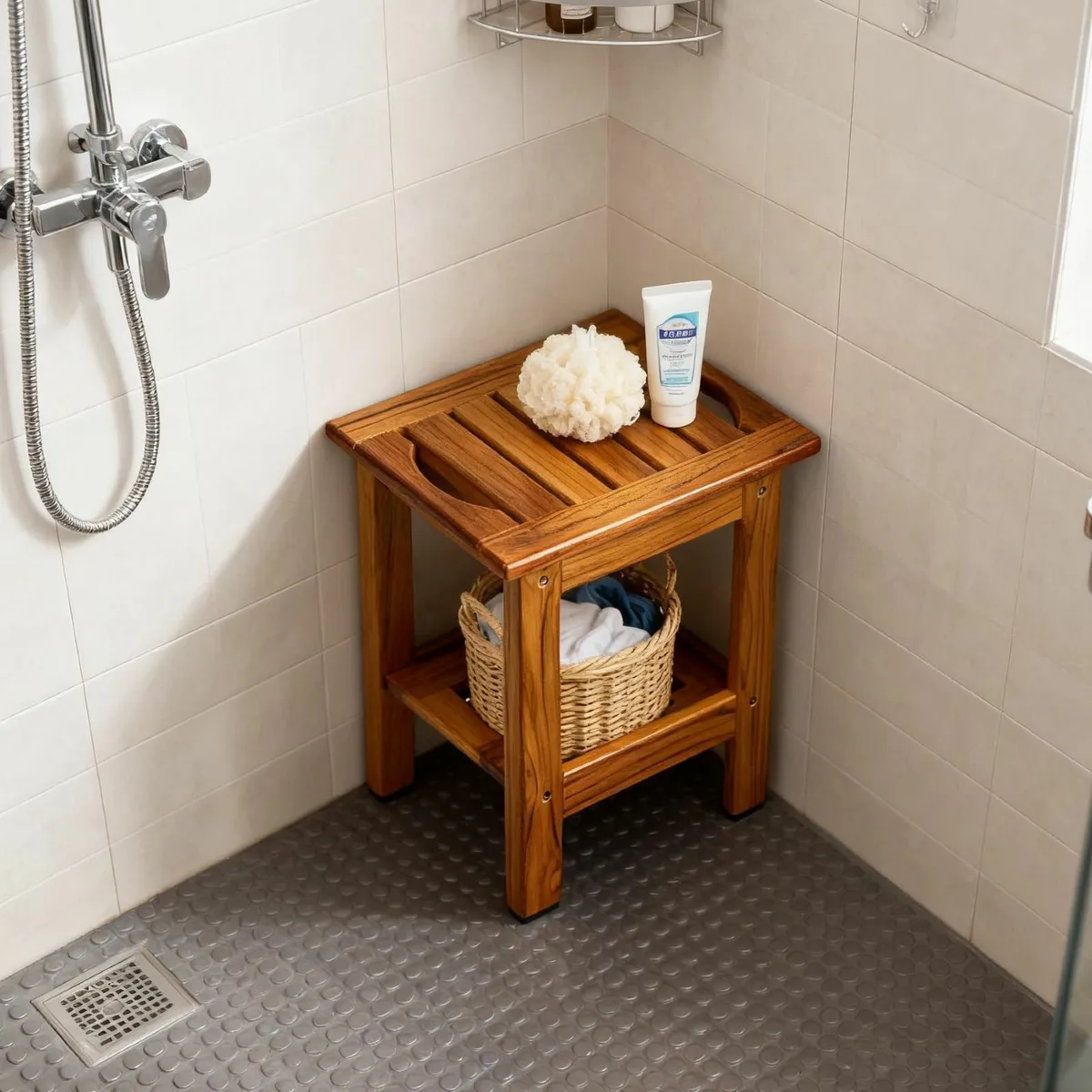 Teak Shower Bench Compact Stool with Shelf Handle - Image 2