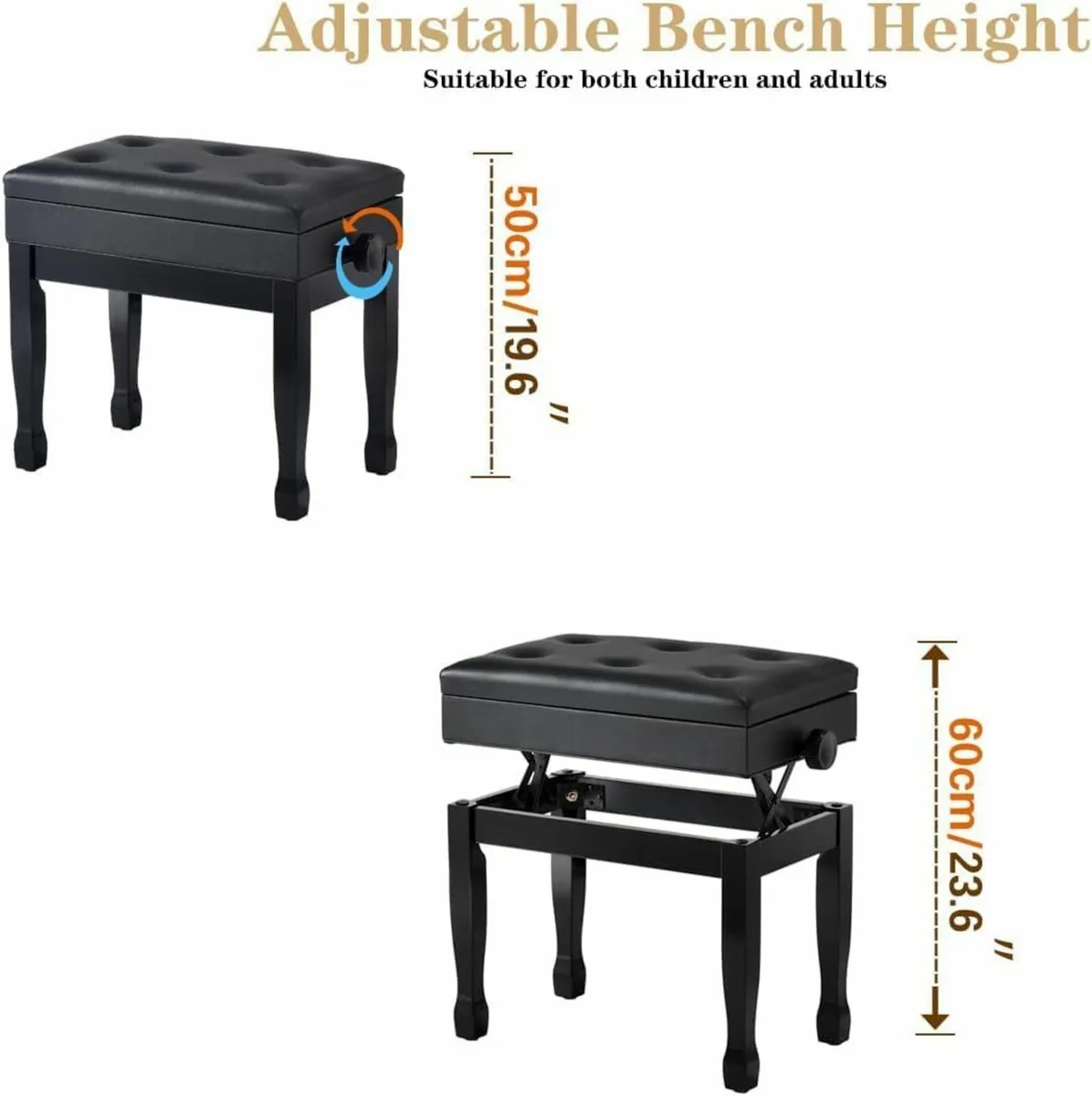Adjustable Height Piano Stool Bench PU Leather - Image 4