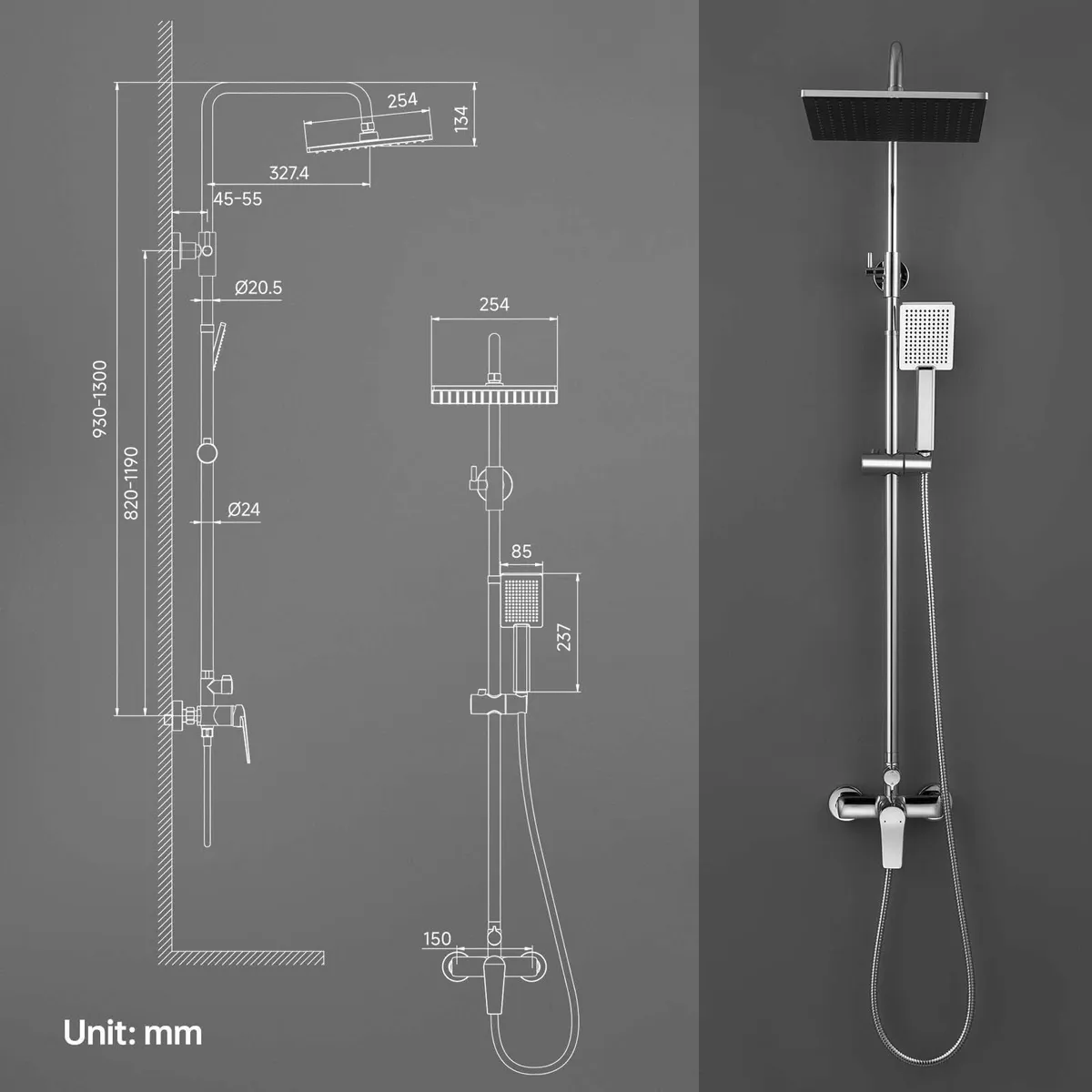 Shower Mixer Set with 10 Square Rainfall Head - Image 2