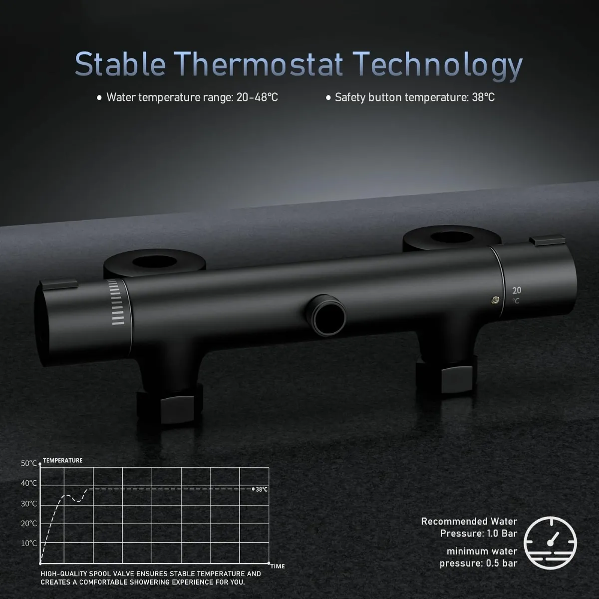 Black Shower Mixer with 70CM Adjustable Riser - Image 4