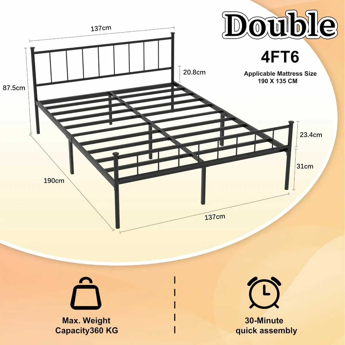 4ft6 Double Bed Frame Modern Style Metal Platform - Image 2