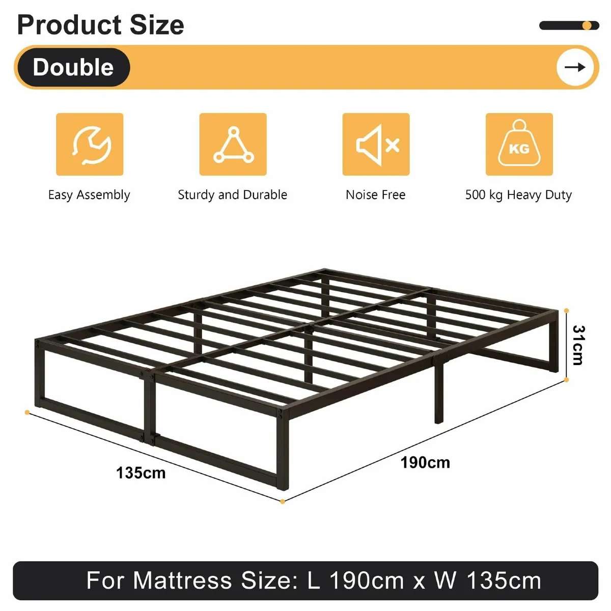 Double Bed Frame 135x190 cm Metal with Steel Slat - Image 2
